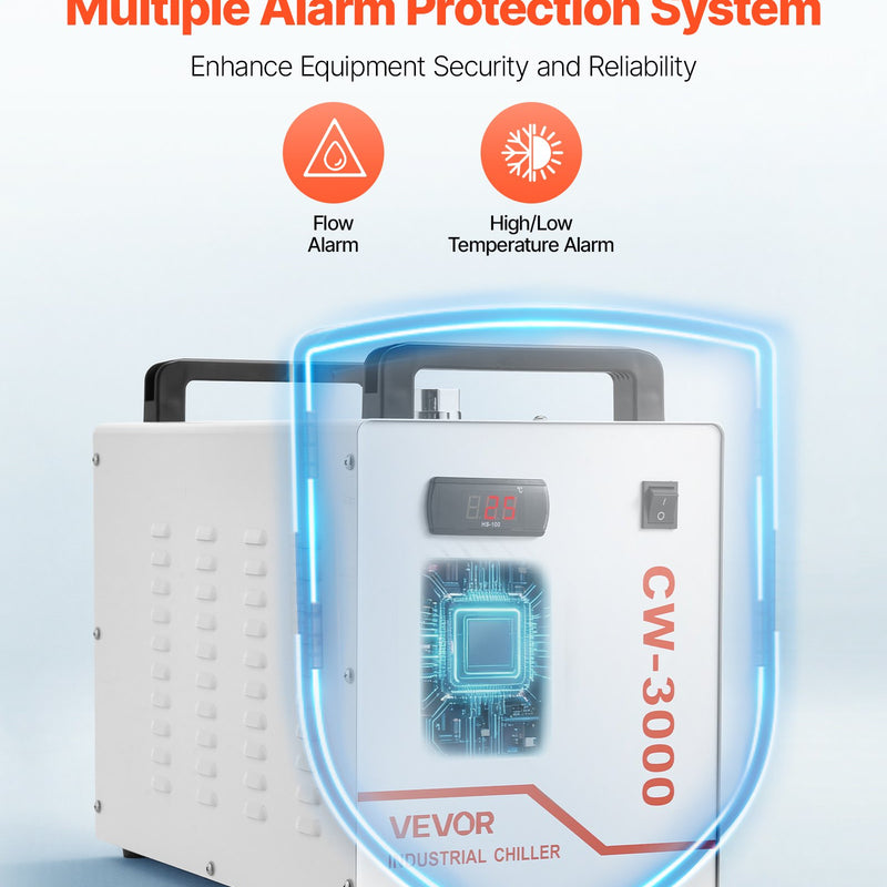 VEVOR industriālais ūdens dzesētājs CW-3000, industriāla ūdens dzesēšanas sistēma ar 9 l tvertnes ietilpību, maksimālais plūsmas ātrums 10 l/min, dzesēšanas iekārta ar augstas veiktspējas ventilatoru, paredzēta 65 W lāzera gravēšanas un griešanas iekārtām
