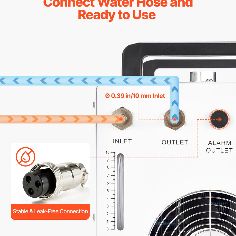 VEVOR industriālais ūdens dzesētājs CW-3000, industriāla ūdens dzesēšanas sistēma ar 9 l tvertnes ietilpību, maksimālais plūsmas ātrums 10 l/min, dzesēšanas iekārta ar augstas veiktspējas ventilatoru, paredzēta 65 W lāzera gravēšanas un griešanas iekārtām