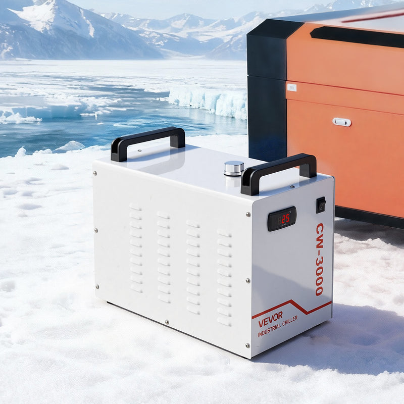 VEVOR industriālais ūdens dzesētājs CW-3000, industriāla ūdens dzesēšanas sistēma ar 9 l tvertnes ietilpību, maksimālais plūsmas ātrums 10 l/min, dzesēšanas iekārta ar augstas veiktspējas ventilatoru, paredzēta 65 W lāzera gravēšanas un griešanas iekārtām