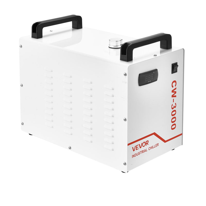 VEVOR industriālais ūdens dzesētājs CW-3000, industriāla ūdens dzesēšanas sistēma ar 9 l tvertnes ietilpību, maksimālais plūsmas ātrums 10 l/min, dzesēšanas iekārta ar augstas veiktspējas ventilatoru, paredzēta 65 W lāzera gravēšanas un griešanas iekārtām