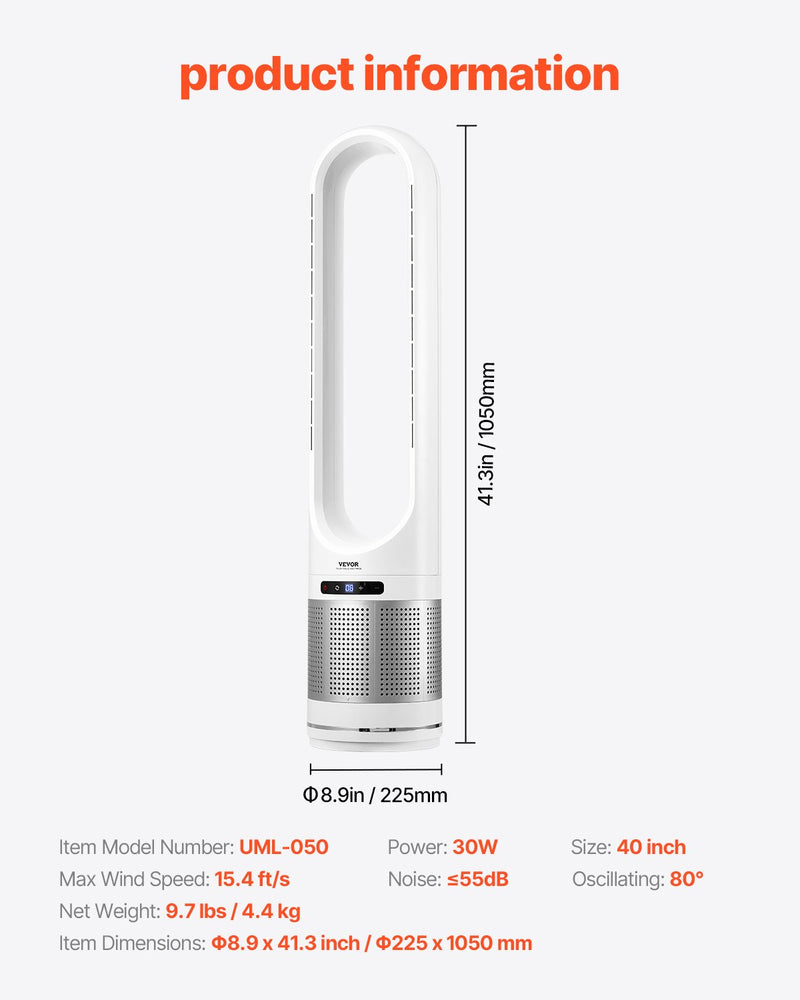 VEVOR 40" Oscilējošais Torņa Ventilators ar 8 Stundu Taimeri un 4,7 m/s Gaisa Plūsmas Ātrumu, Tālvadības Pulti