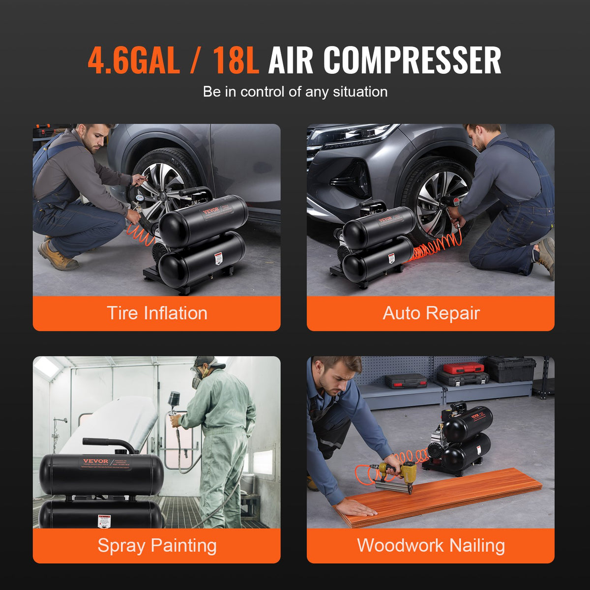 VEVOR Oil-Free Portable Silent Air Compressor, 4.6 L, 5.3 L/min at 6.2 bar, 125 bar Maximum, Compact Design
