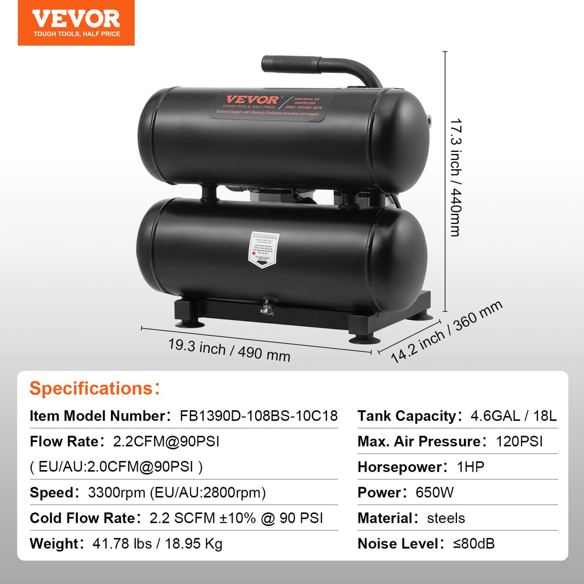 VEVOR Oil-Free Portable Silent Air Compressor, 4.6 L, 5.3 L/min at 6.2 bar, 125 bar Maximum, Compact Design