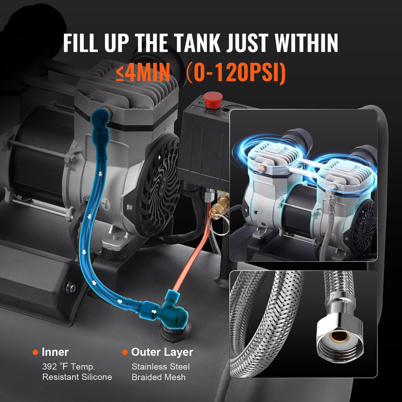 VEVOR kompaktā pārnēsājamā bez-eļļas gaisa kompresors, 30 l, 6,2 bar