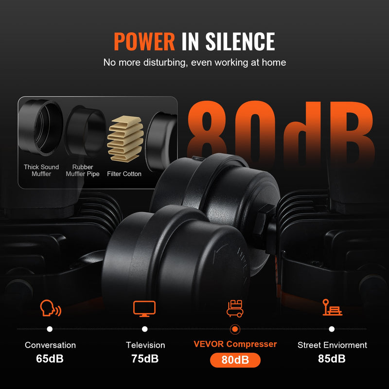 VEVOR kompaktā pārnēsājamā bez-eļļas gaisa kompresors, 30 l, 6,2 bar