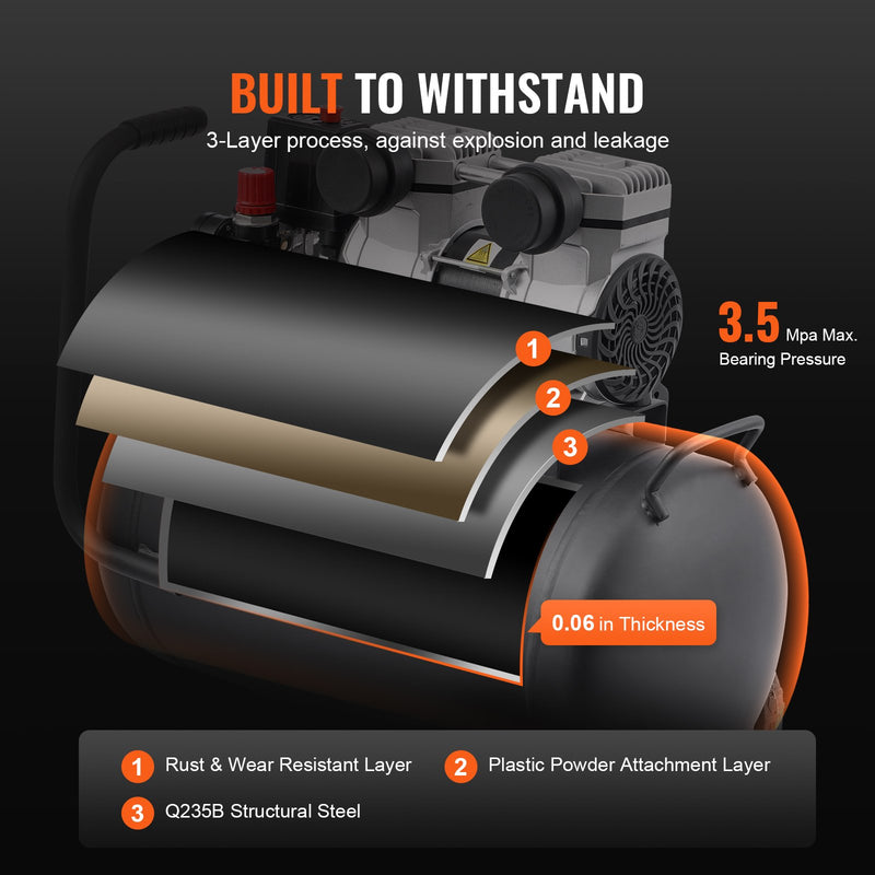 VEVOR kompaktā pārnēsājamā bez-eļļas gaisa kompresors, 30 l, 6,2 bar