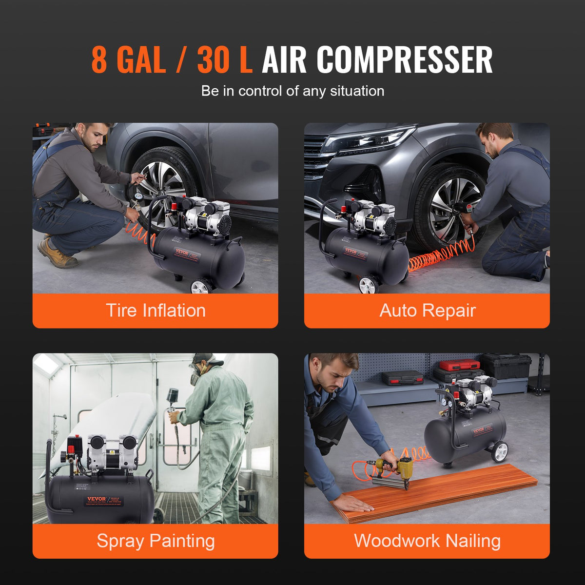 VEVOR Compact Portable Oil-Free Air Compressor, 30 L, 6.2 bar