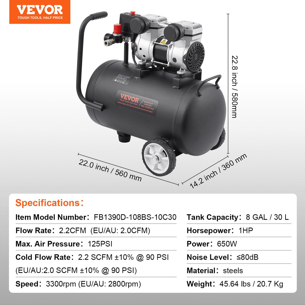 VEVOR Compact Portable Oil-Free Air Compressor, 30 L, 6.2 bar