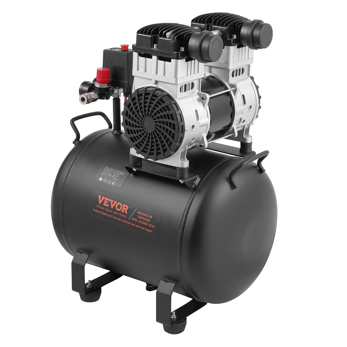 VEVOR Oil-Free Portable Silent Air Compressor, 10 L, 5.3 L/min at 6.2 bar, 125 bar Maximum, Compact Design