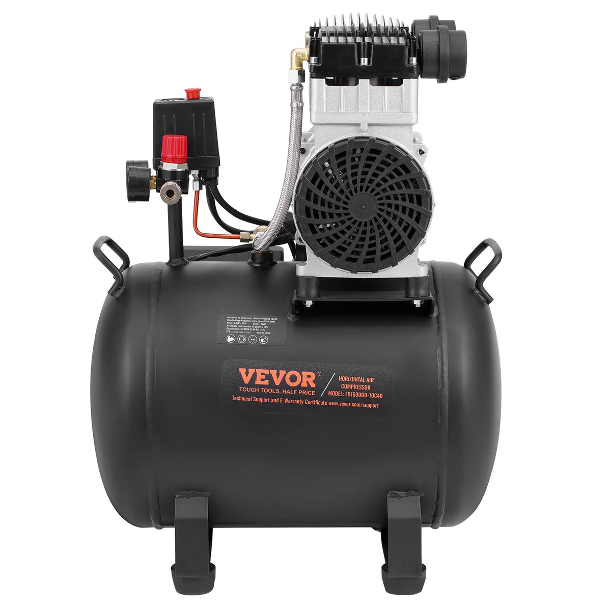 VEVOR Oil-Free Portable Silent Air Compressor, 10 L, 5.3 L/min at 6.2 bar, 125 bar Maximum, Compact Design