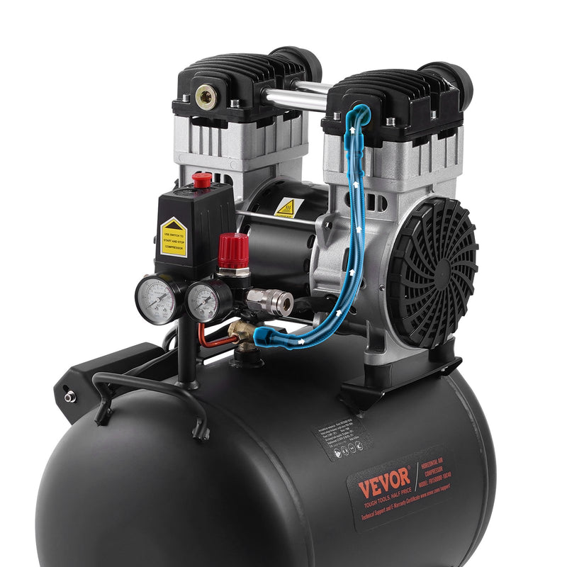 VEVOR bez eļļas portatīvais kluss gaisa kompresors, 10 l, 5,3 l/min pie 6,2 bāriem, 125 bāri maksimums, kompakts dizains