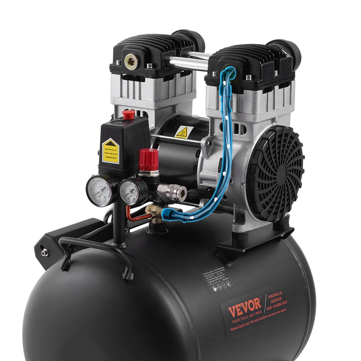 VEVOR Oil-Free Portable Silent Air Compressor, 10 L, 5.3 L/min at 6.2 bar, 125 bar Maximum, Compact Design