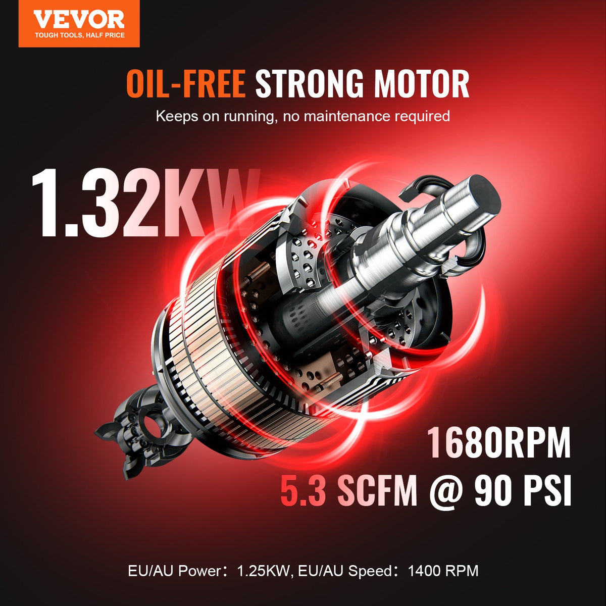 VEVOR Oil-Free Portable Silent Air Compressor, 10 L, 5.3 L/min at 6.2 bar, 125 bar Maximum, Compact Design