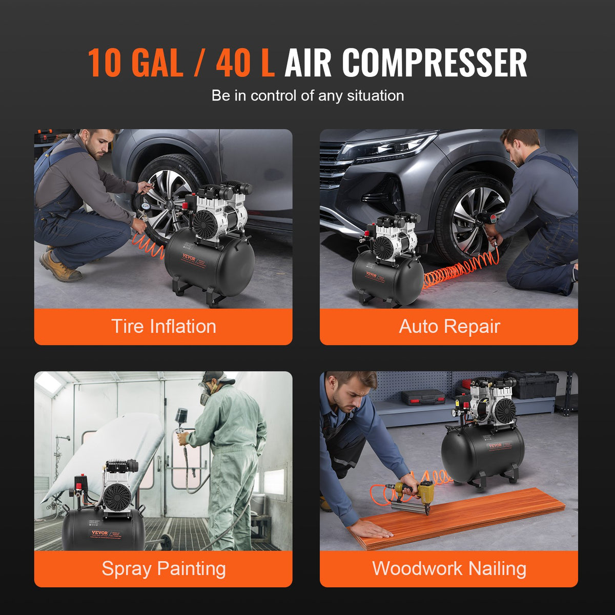 VEVOR Oil-Free Portable Silent Air Compressor, 10 L, 5.3 L/min at 6.2 bar, 125 bar Maximum, Compact Design