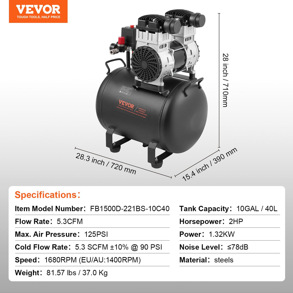 VEVOR Oil-Free Portable Silent Air Compressor, 10 L, 5.3 L/min at 6.2 bar, 125 bar Maximum, Compact Design
