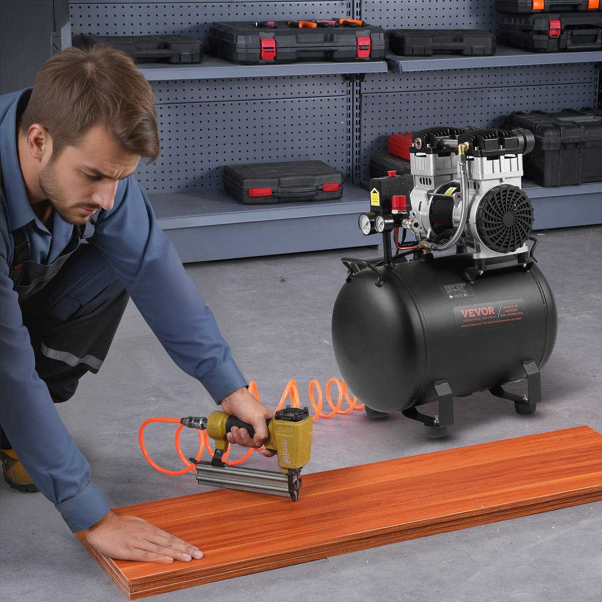 VEVOR Oil-Free Portable Silent Air Compressor, 10 L, 5.3 L/min at 6.2 bar, 125 bar Maximum, Compact Design
