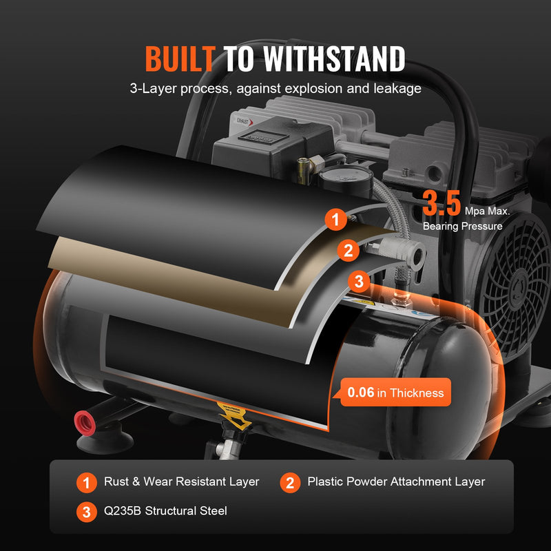 VEVOR gaisa kompresors – kompakts, pārnēsājams, bez eļļas, 3,8 l, 7 bāri