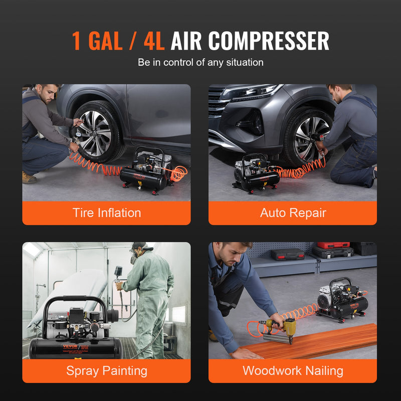 VEVOR gaisa kompresors – kompakts, pārnēsājams, bez eļļas, 3,8 l, 7 bāri