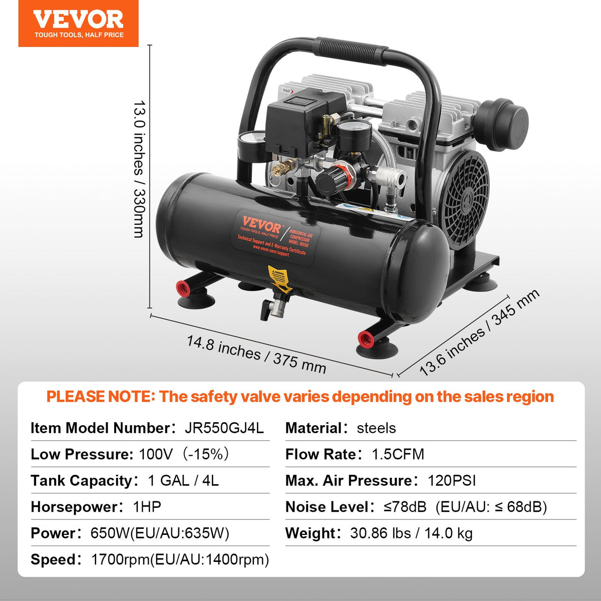 VEVOR Air Compressor – Compact, Portable, Oil-Free, 3.8 L, 7 Bar