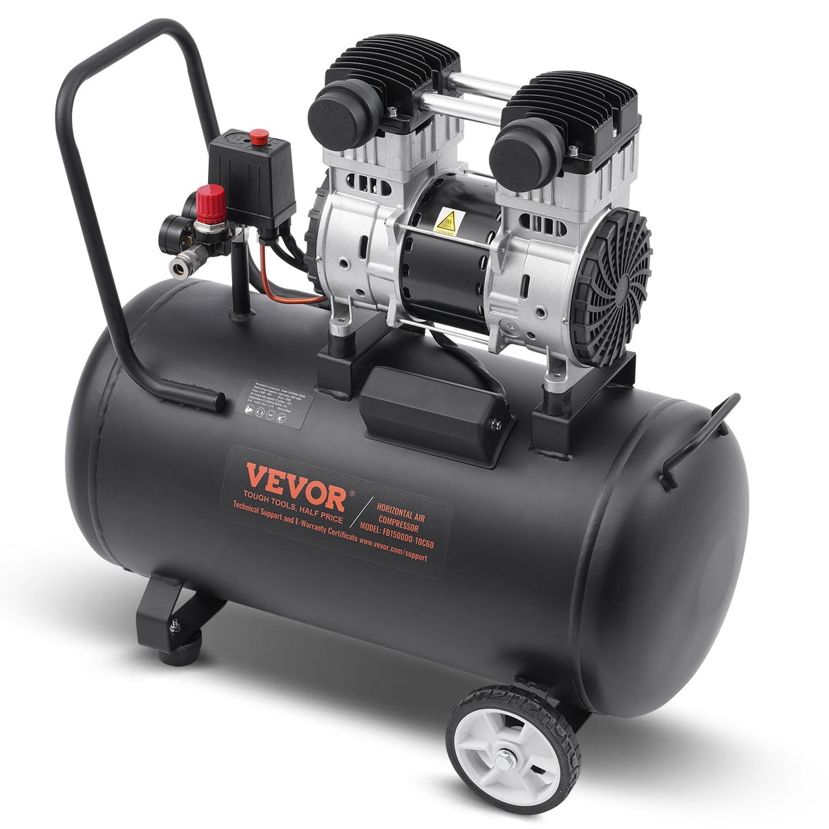 VEVOR Oil-Free Silent Air Compressor, 15 L Steel Tank, 2 HP, 5.3 l/min at 6.2 bar, 125 bar Maximum, Portable, 78 dB