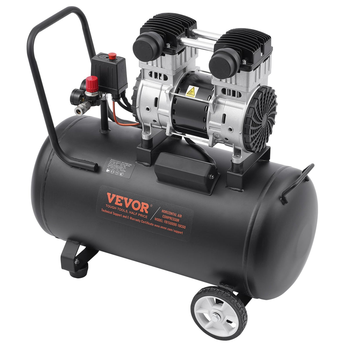 VEVOR Oil-Free Silent Air Compressor, 15 L Steel Tank, 2 HP, 5.3 l/min at 6.2 bar, 125 bar Maximum, Portable, 78 dB