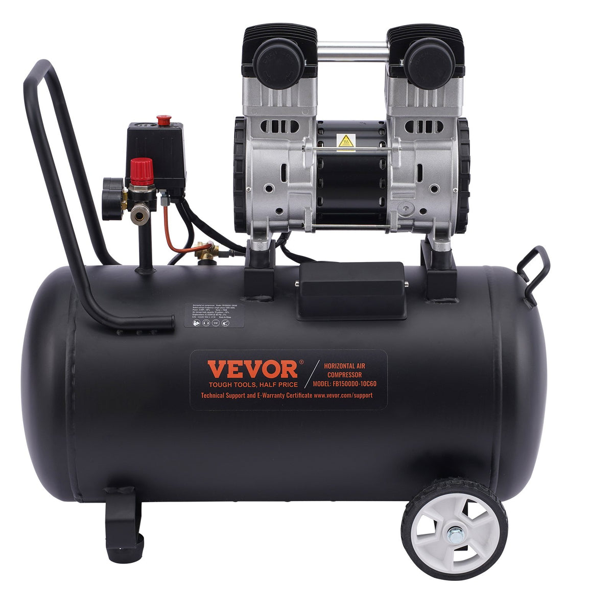 VEVOR Oil-Free Silent Air Compressor, 15 L Steel Tank, 2 HP, 5.3 l/min at 6.2 bar, 125 bar Maximum, Portable, 78 dB