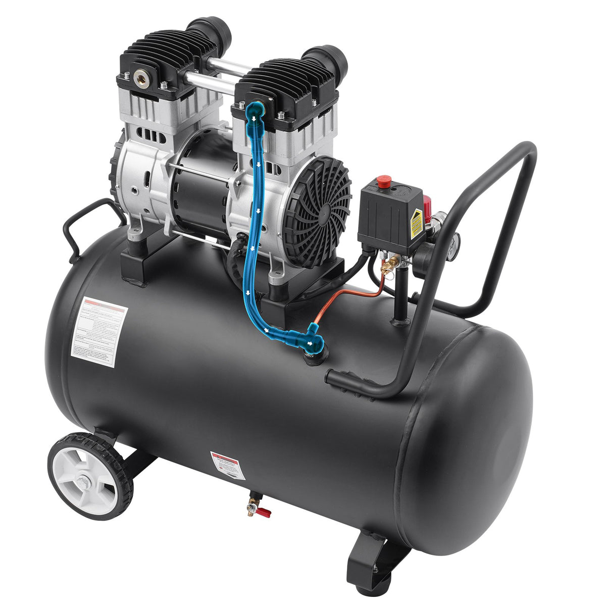 VEVOR Oil-Free Silent Air Compressor, 15 L Steel Tank, 2 HP, 5.3 l/min at 6.2 bar, 125 bar Maximum, Portable, 78 dB