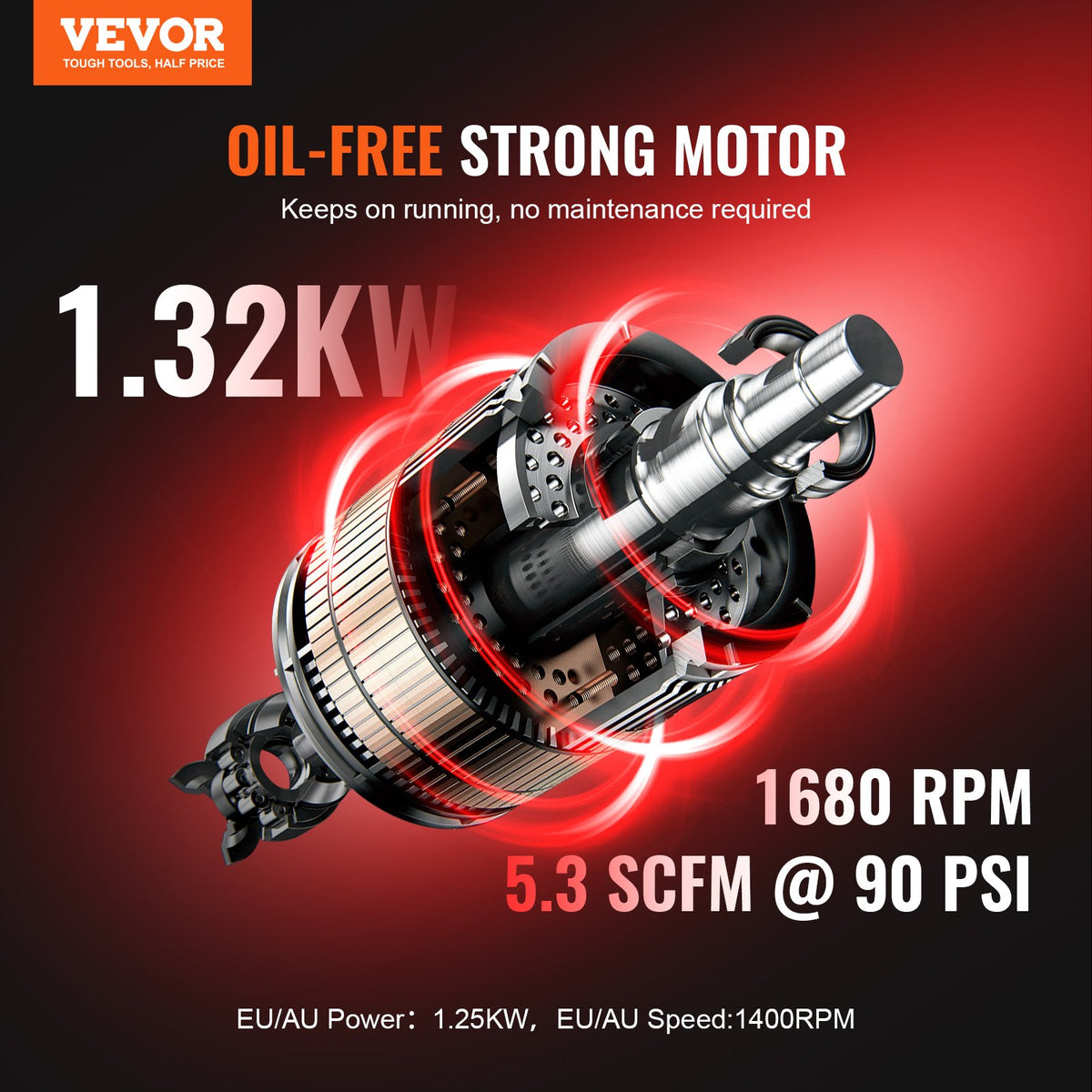 VEVOR Oil-Free Silent Air Compressor, 15 L Steel Tank, 2 HP, 5.3 l/min at 6.2 bar, 125 bar Maximum, Portable, 78 dB