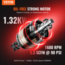 VEVOR eļļas nesaturošs kluss gaisa kompresors, 15 L tērauda tvertne, 2 ZS, 5,3 l/min pie 6,2 bar, 125 bar maksimums, portatīvs, 78 dB