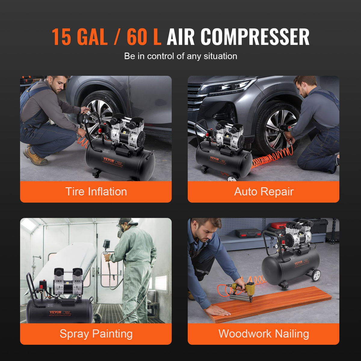 VEVOR Oil-Free Silent Air Compressor, 15 L Steel Tank, 2 HP, 5.3 l/min at 6.2 bar, 125 bar Maximum, Portable, 78 dB