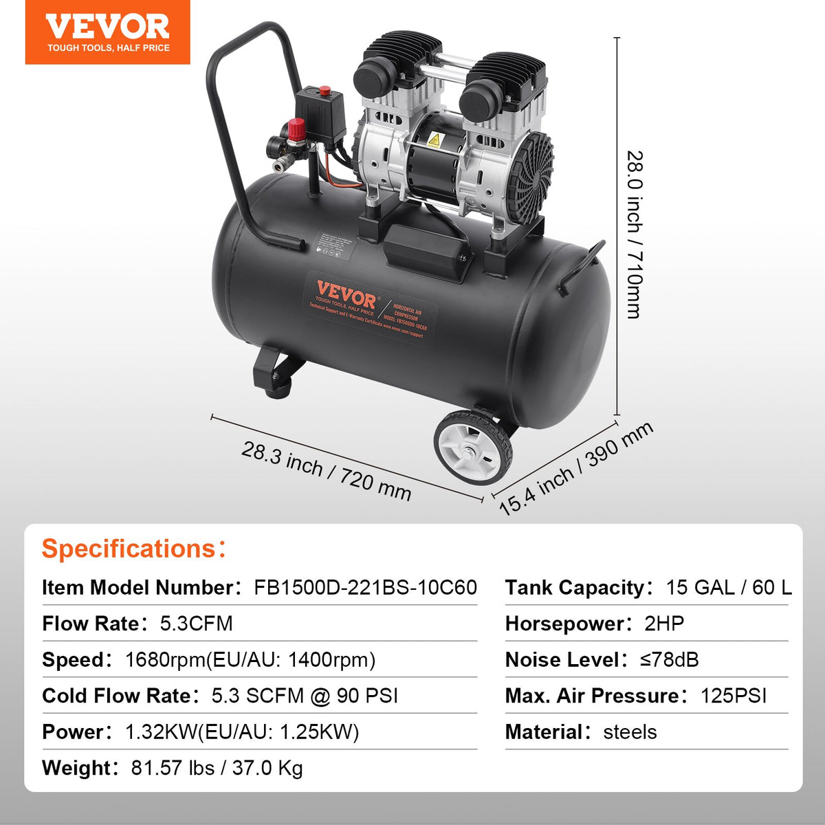 VEVOR Oil-Free Silent Air Compressor, 15 L Steel Tank, 2 HP, 5.3 l/min at 6.2 bar, 125 bar Maximum, Portable, 78 dB