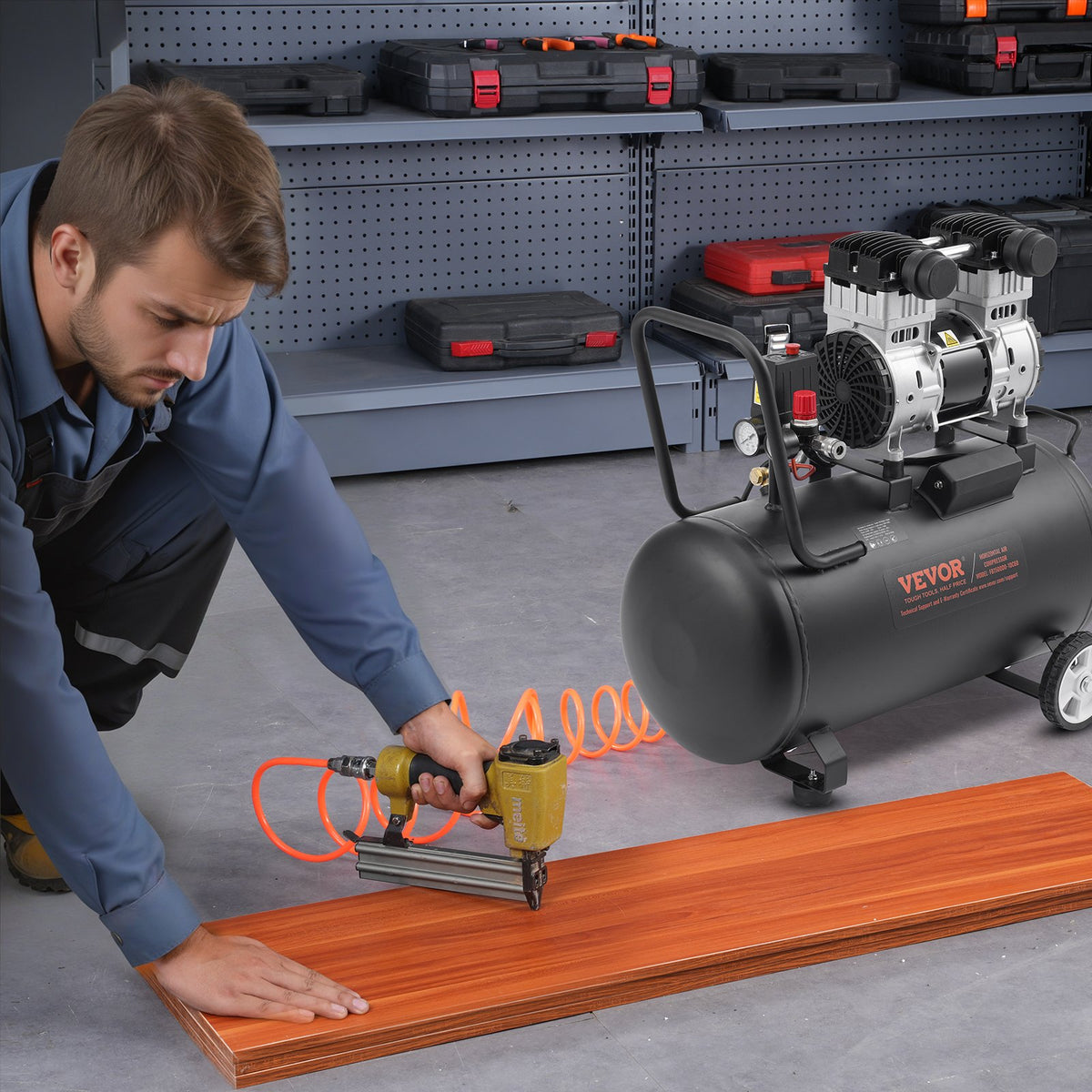 VEVOR Oil-Free Silent Air Compressor, 15 L Steel Tank, 2 HP, 5.3 l/min at 6.2 bar, 125 bar Maximum, Portable, 78 dB