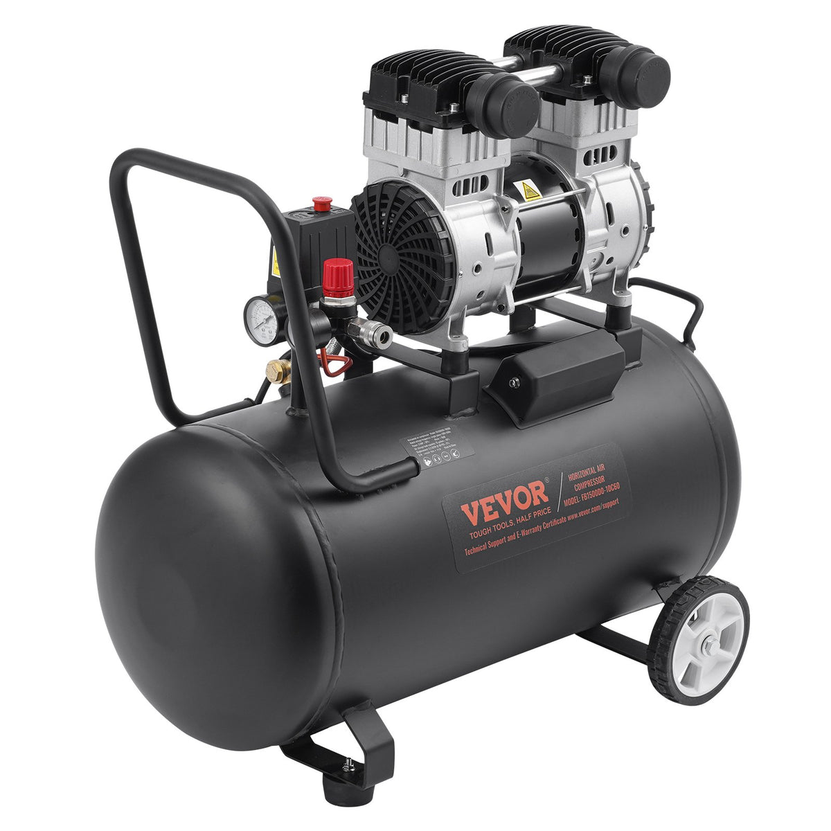 VEVOR Oil-Free Silent Air Compressor, 15 L Steel Tank, 2 HP, 5.3 l/min at 6.2 bar, 125 bar Maximum, Portable, 78 dB