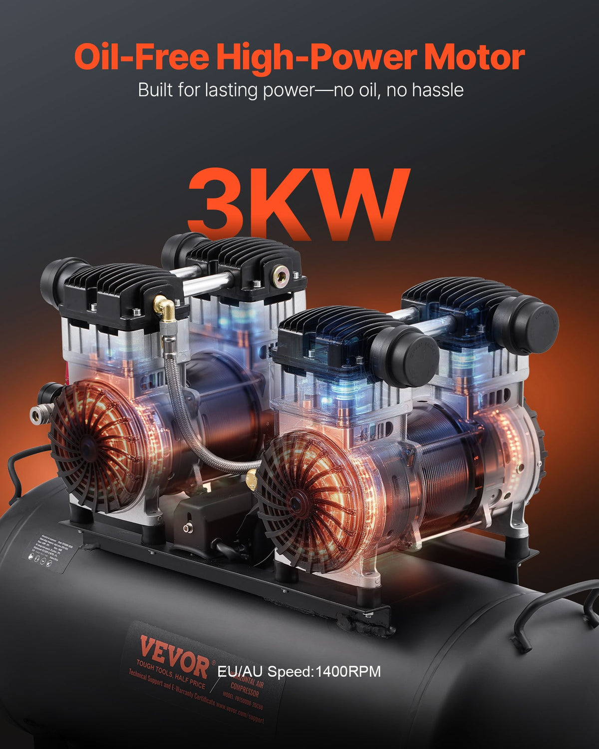 VEVOR Compact and Portable Oil-Free Air Compressor, 75 L, 6.2 bar (90 PSI)