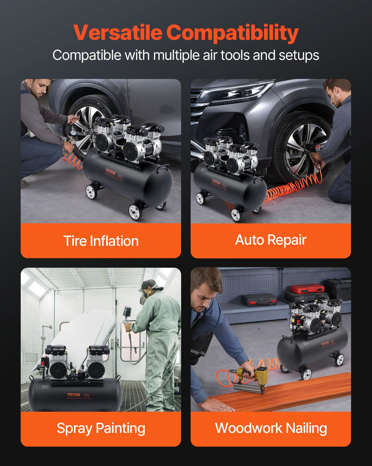 VEVOR Compact and Portable Oil-Free Air Compressor, 75 L, 6.2 bar (90 PSI)