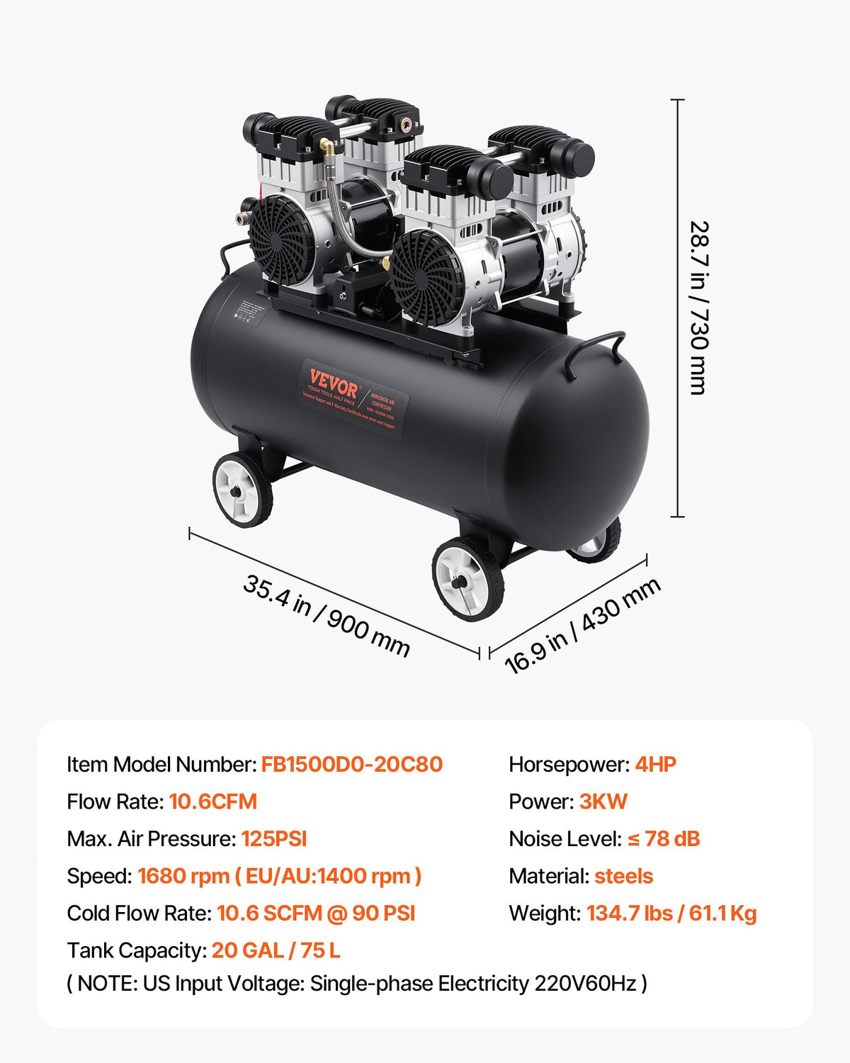 VEVOR Compact and Portable Oil-Free Air Compressor, 75 L, 6.2 bar (90 PSI)