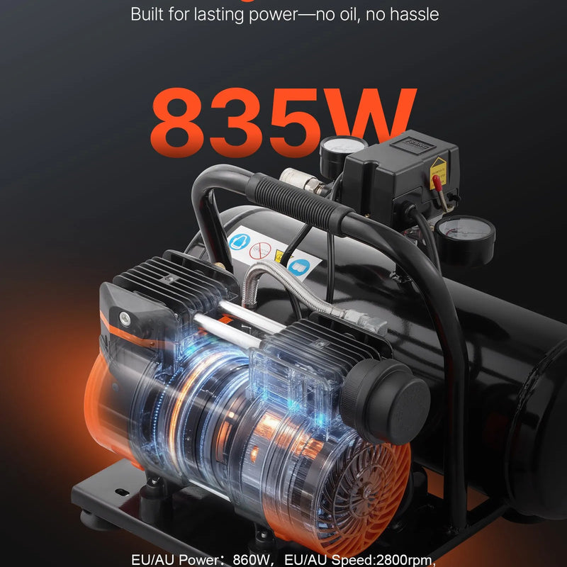 VEVOR bezeļļas gaisa kompresors 7,6 l, 1 ZS, 71 l/min, maksimālais spiediens 8 bar, īpaši kluss 81 dB kompresors riepu piepumpēšanai, krāsošanai un remontdarbiem