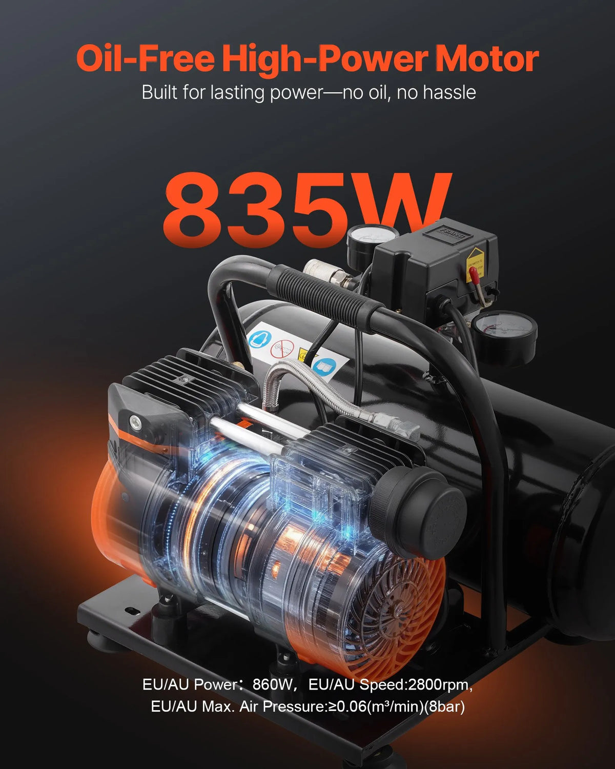 VEVOR õlivaba õhukompressor 7,6 l, 1 ZS, 71 l/min, maksimaalne rõhk 8 bar, eriti vaikne (81 dB) kompressor rehvide täispumpamiseks, värvimiseks ja remonditöödeks