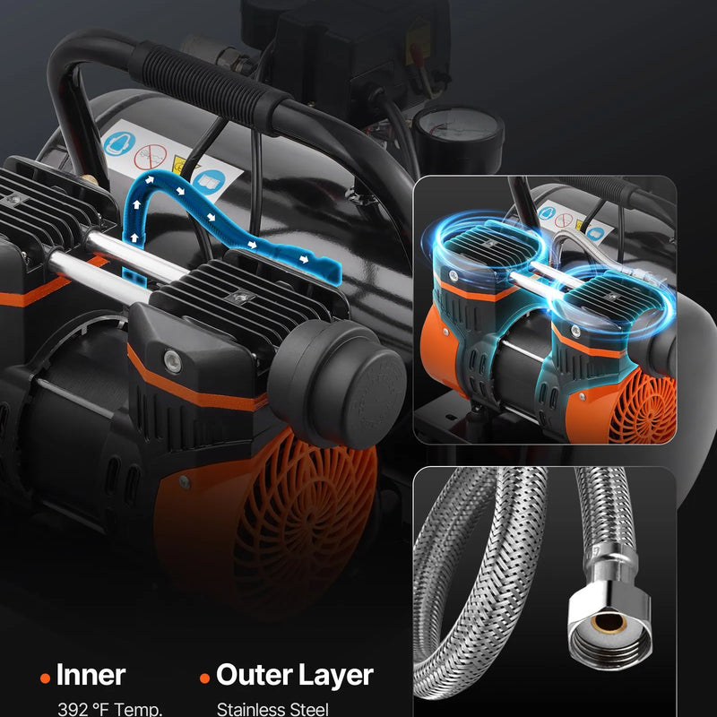 VEVOR bezeļļas gaisa kompresors 7,6 l, 1 ZS, 71 l/min, maksimālais spiediens 8 bar, īpaši kluss 81 dB kompresors riepu piepumpēšanai, krāsošanai un remontdarbiem