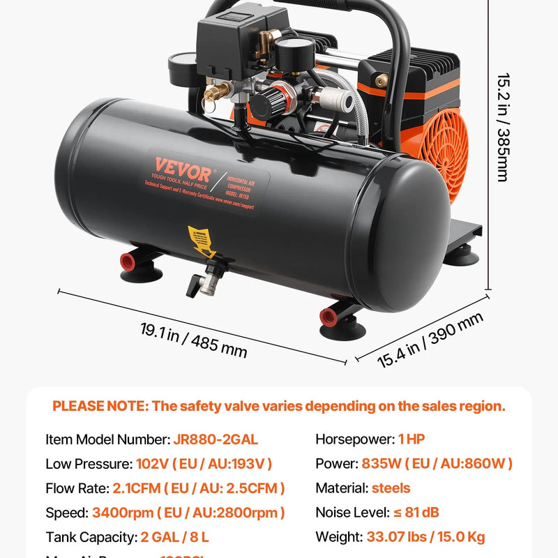 VEVOR bezeļļas gaisa kompresors 7,6 l, 1 ZS, 71 l/min, maksimālais spiediens 8 bar, īpaši kluss 81 dB kompresors riepu piepumpēšanai, krāsošanai un remontdarbiem