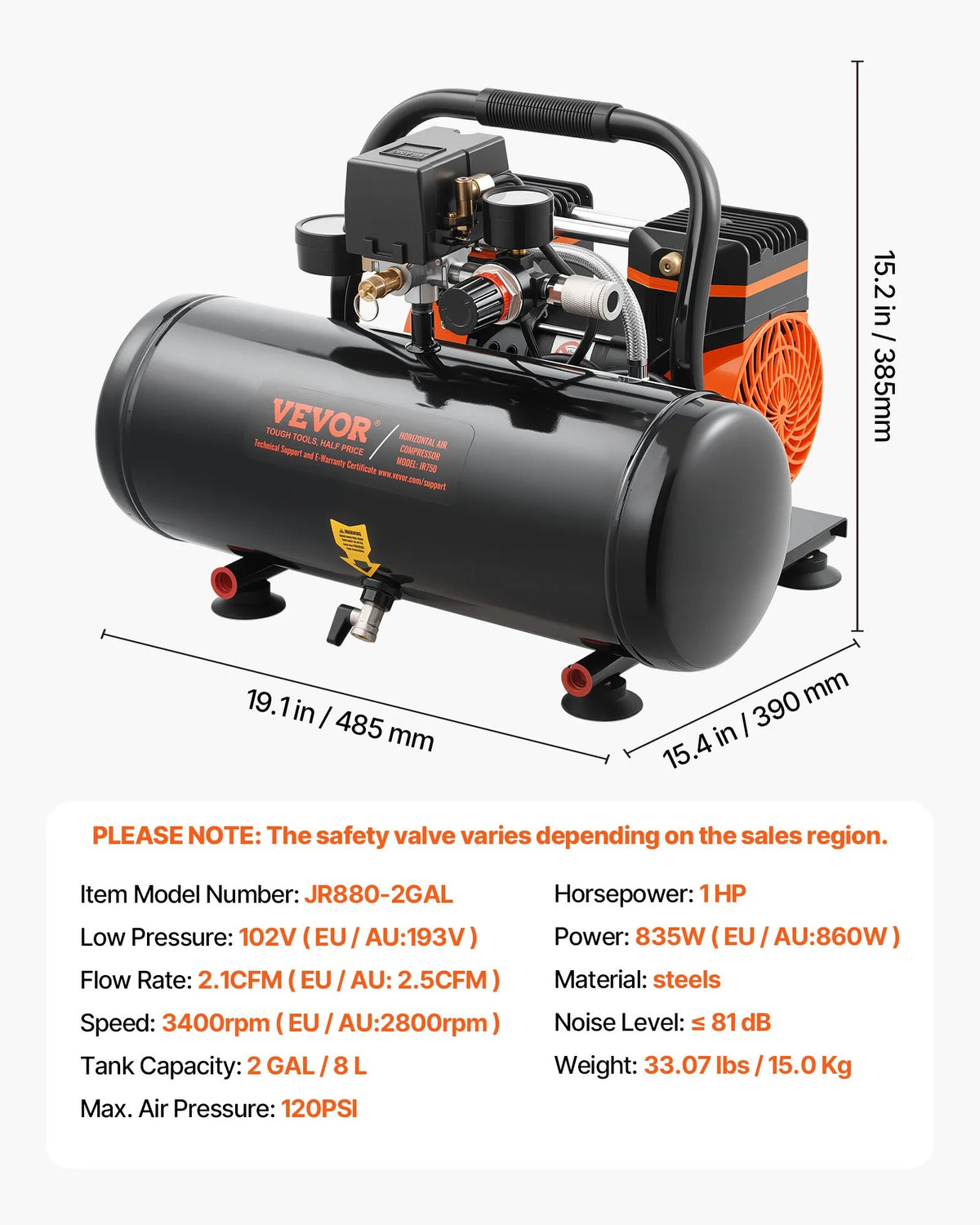 VEVOR õlivaba õhukompressor 7,6 l, 1 ZS, 71 l/min, maksimaalne rõhk 8 bar, eriti vaikne (81 dB) kompressor rehvide täispumpamiseks, värvimiseks ja remonditöödeks