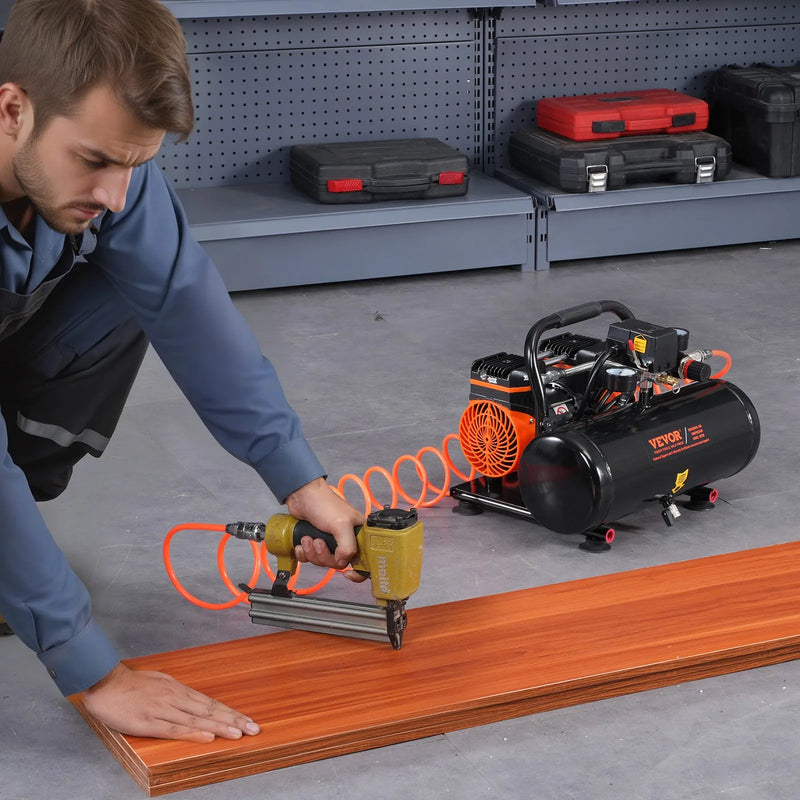 VEVOR bezeļļas gaisa kompresors 7,6 l, 1 ZS, 71 l/min, maksimālais spiediens 8 bar, īpaši kluss 81 dB kompresors riepu piepumpēšanai, krāsošanai un remontdarbiem