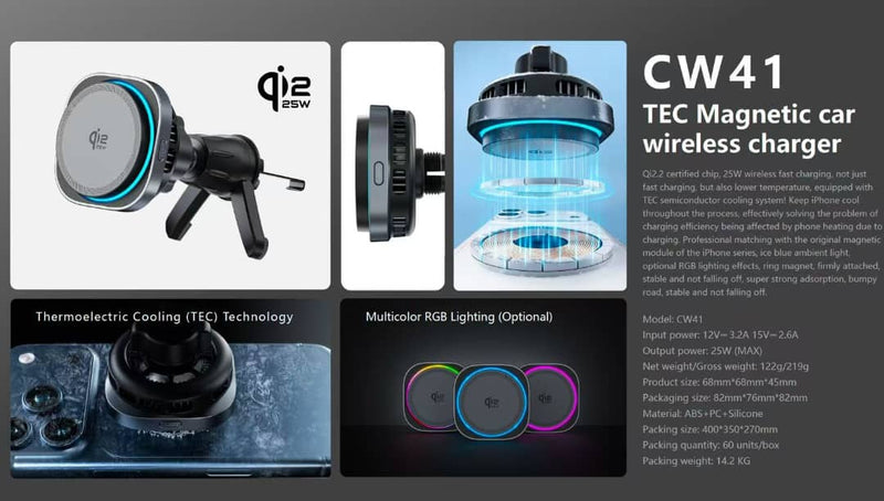 CW41 Magnētiskais Auto Telefona Turētājs ar 25W Bezvadu Uzlādi, TEC Dzesēšanu un RGB Apgaismojumu