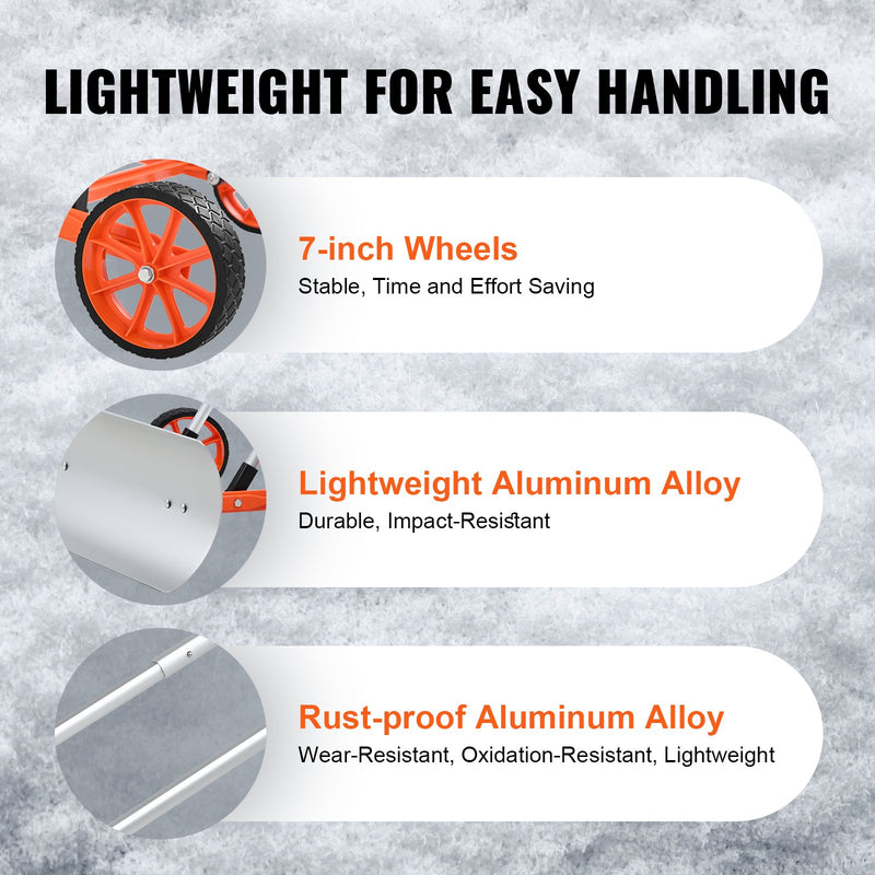 VEVOR 76,2 cm lieljaudas metāla sniega lāpsta/stūmējs ar riteņiem un platu asmeni, U formas alumīnija sakausējuma rokturis