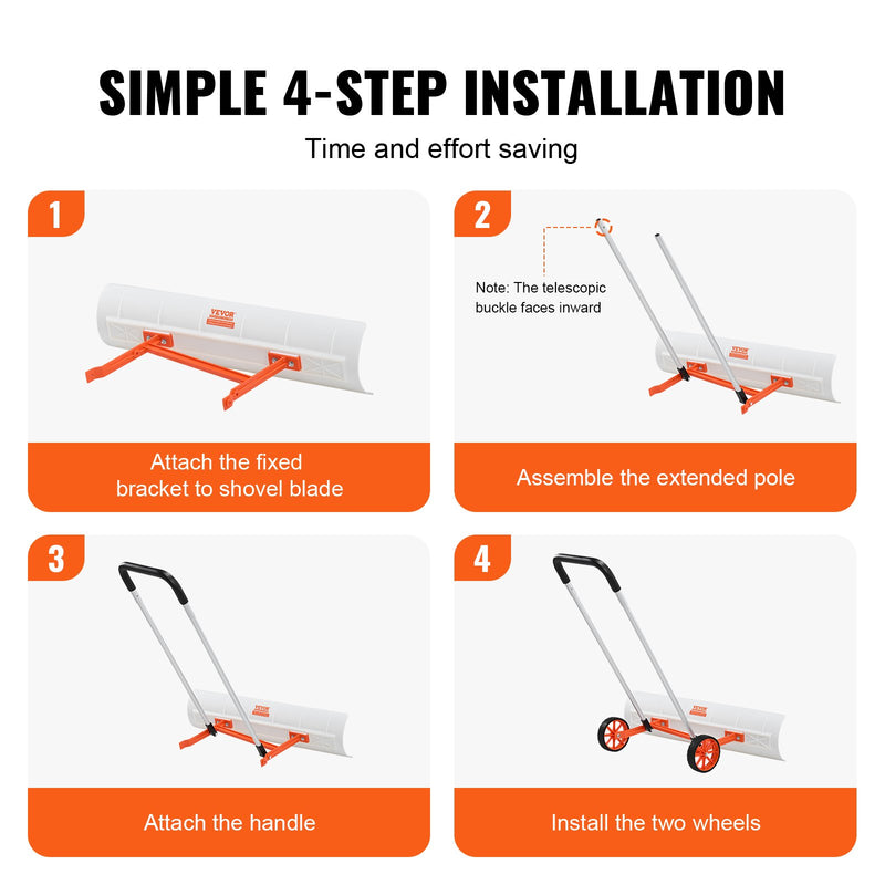 VEVOR sniega lāpsta ar riteņiem, 94 cm, piebraucamajam ceļam, ABS sniega lāpstas stūmējs sniega tīrīšanai, lieljaudas lāpstas stūmējs ar platu asmeni un U formas alumīnija sakausējuma rokturi