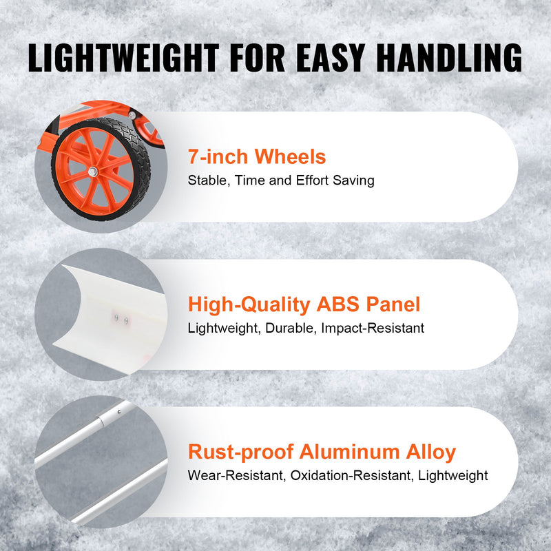 VEVOR ABS sniega lāpsta ar riteņiem, 94 cm, ar lieljaudas lāpstas stūmēju ar platu asmeni un U formas alumīnija sakausējuma rokturi