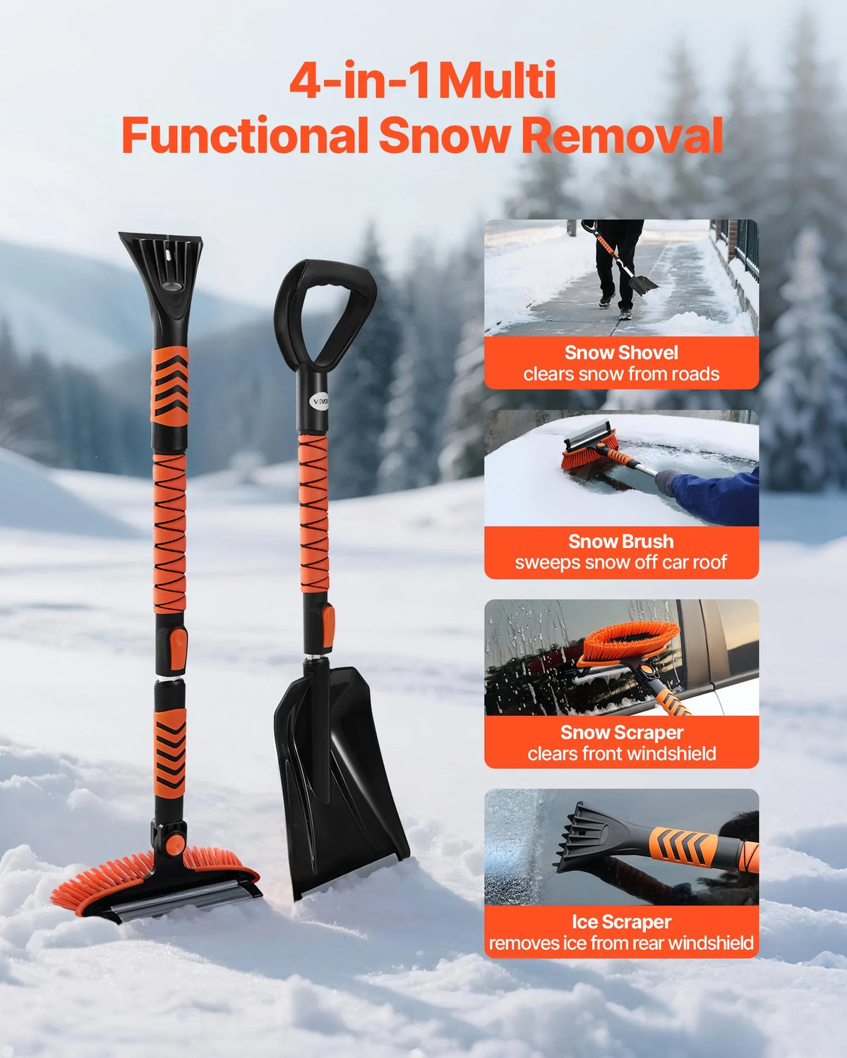 VEVOR Extendable 107 cm Snow Removal Tool with 180° Rotating Brush Head, Non-Slip Handle and Ice Scraper, Suitable for Cars, Vans and SUVs