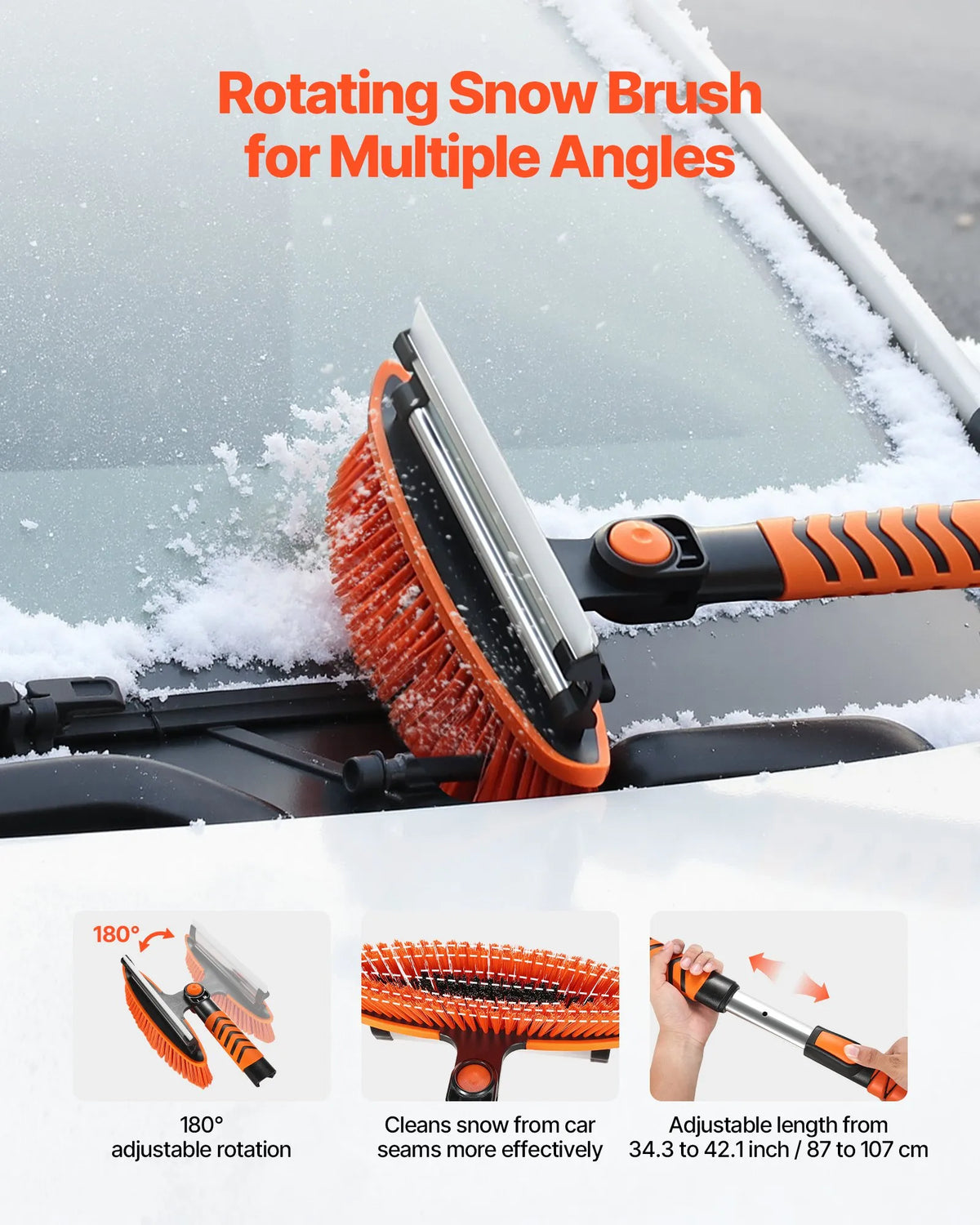VEVOR Extendable 107 cm Snow Removal Tool with 180° Rotating Brush Head, Non-Slip Handle and Ice Scraper, Suitable for Cars, Vans and SUVs