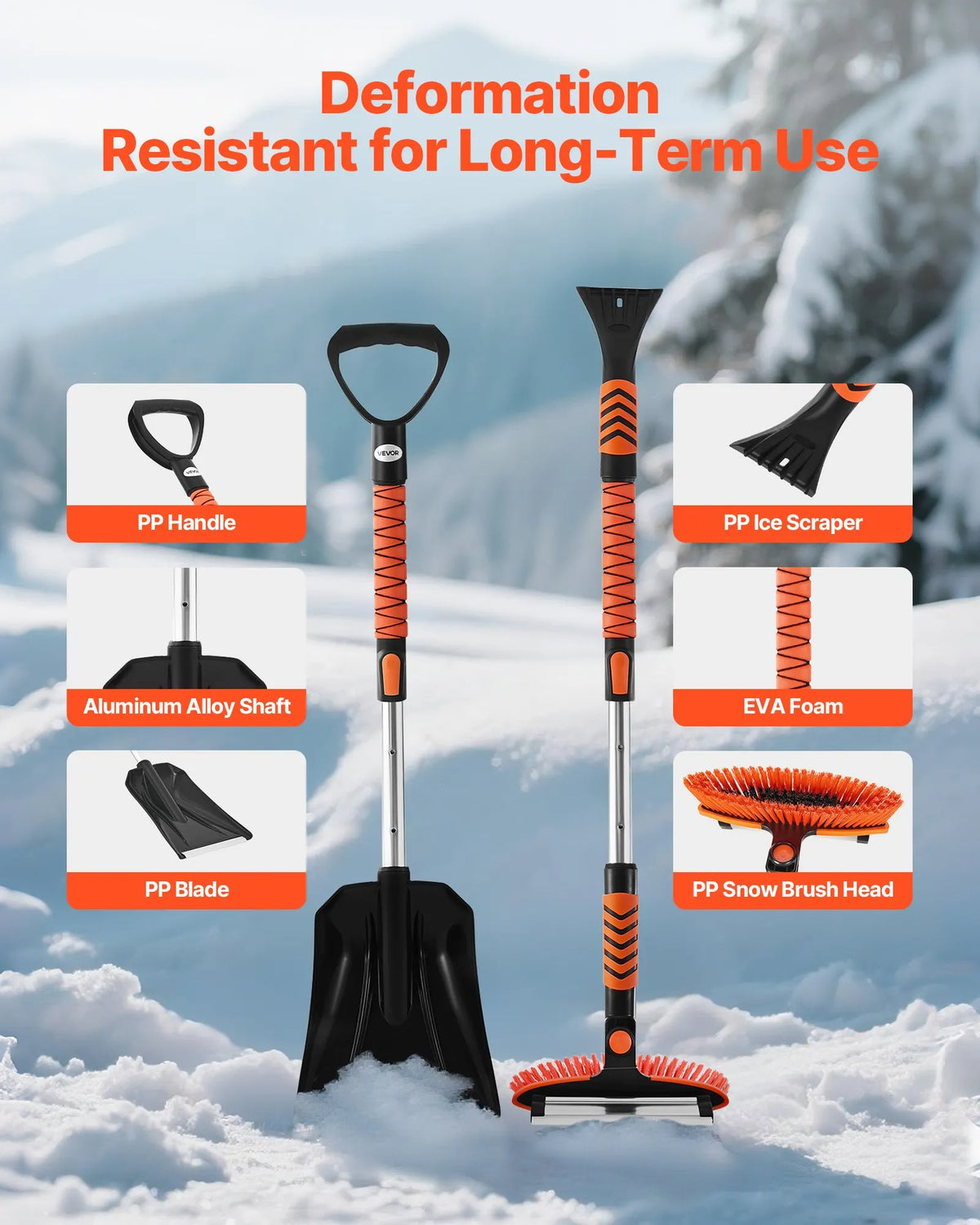 VEVOR Extendable 107 cm Snow Removal Tool with 180° Rotating Brush Head, Non-Slip Handle and Ice Scraper, Suitable for Cars, Vans and SUVs