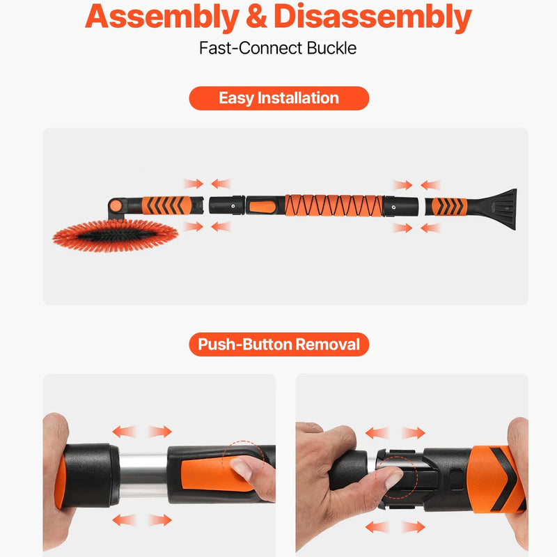 VEVOR pagarināms 107 cm sniega tīrīšanas rīks ar 180° grozāmu birstes galvu, neslīdošu rokturi un ledus skrāpi, piemērots automašīnām, kravas auto un apvidus transportlīdzekļiem